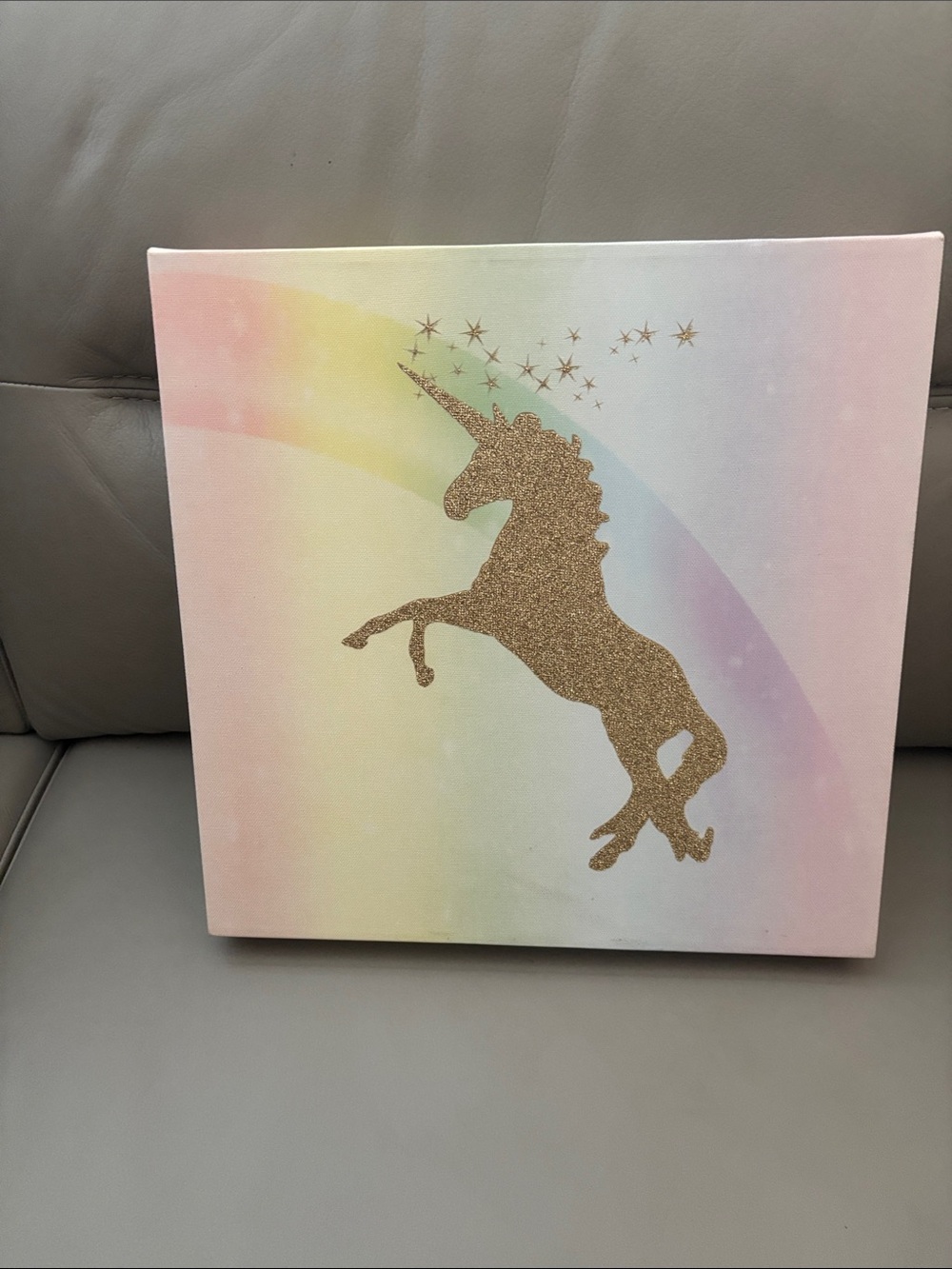 Source Unknown Gold Glitter Unicorn on Pastel Rainbow Canvas